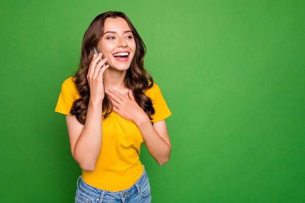 Portrait of  girl calling home discussing news isolated