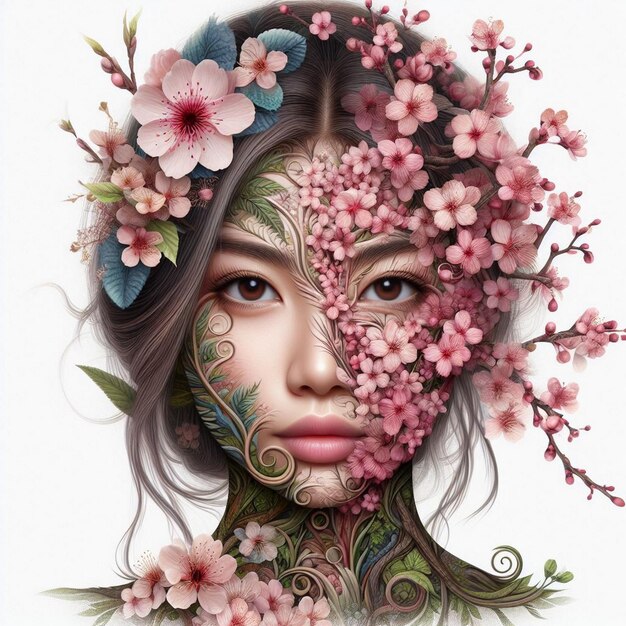 Portrait of girl face and flowers girl face and flowers hybrid flowers on girl face