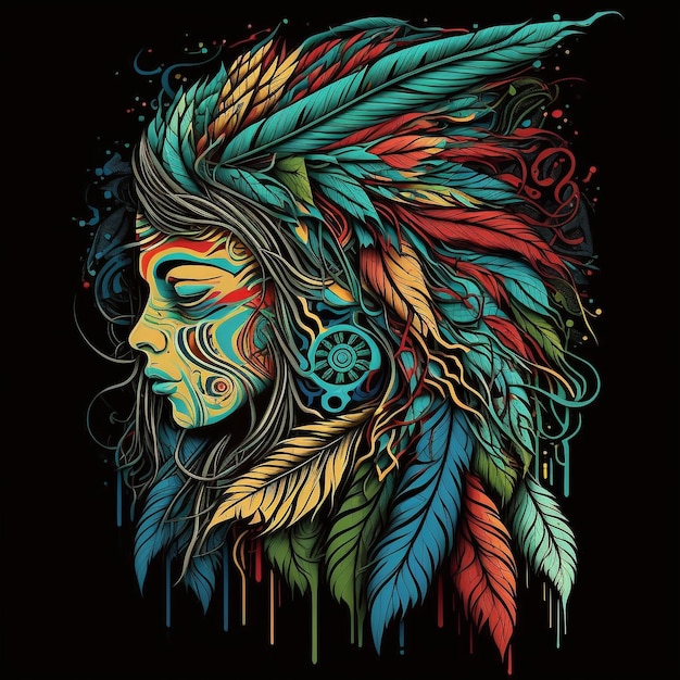 Photo portrait of a girl in indian feathers.