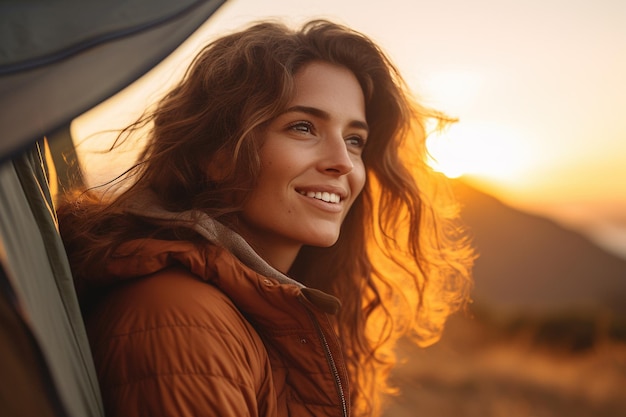 Portrait of girl looking at camera while near camping tent at sunset