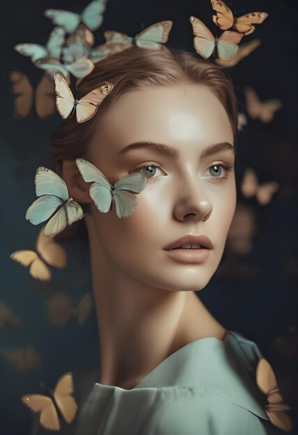 Portrait of a girl in neutral colors with butterflies on her face