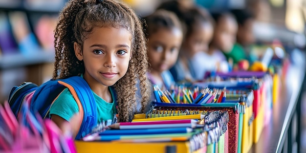 Portrait of a Girl Sitting in a Classroom with Many Colorful Pencils