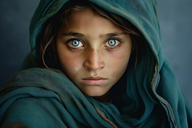 Portrait of a girl in a turquoise shawl