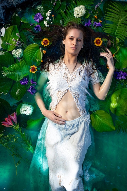 portrait of a girl in water with flowers and green leaves