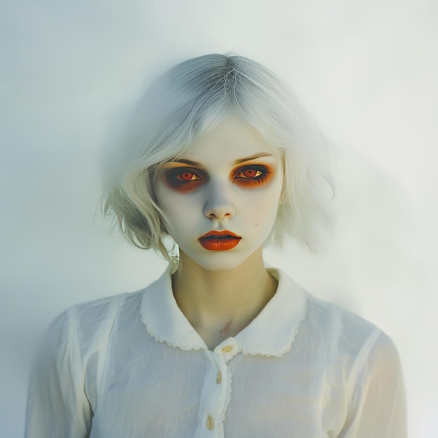 Photo portrait of a girl in a white shirt with a strange makeup