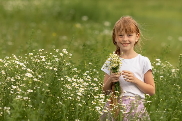 Portrait of a girl in a white Tshirt on a blooming field of daisies with a bouquet in her hands A field of daisies on a summer day Selective focus