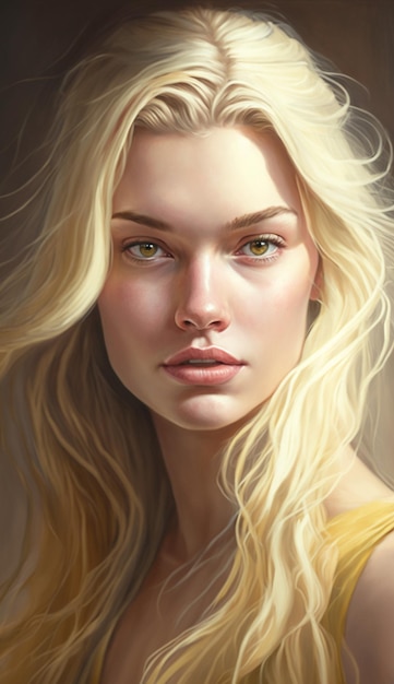 A portrait of a girl with blonde hair and yellow dress.