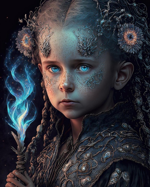 A portrait of a girl with blue eyes and a blue flame in the background.