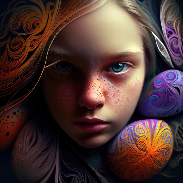 A portrait of a girl with blue eyes and colored