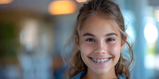 Portrait of a girl with braces achieving a straightened smile Concept Braces Journey Straightened Smile Teenager Transformation Confidence Boost Dental Success