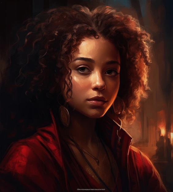 A portrait of a girl with curly hair and a red jacket.