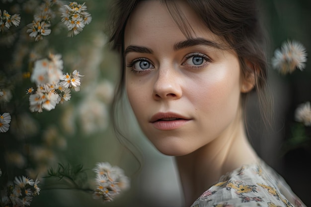 Portrait of girl with delicate blooms in the background gazing into the camera