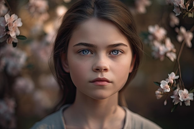 Portrait of girl with delicate blooms in the background gazing into the camera