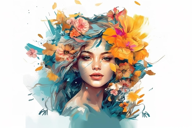 Portrait of a girl with flowers on her face from scifi cyberpunk Generative AI