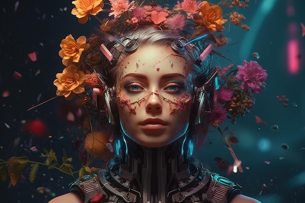 Portrait of a girl with flowers on her face from scifi cyberpunk Generative AI