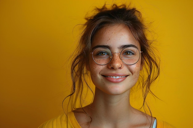 Portrait of a girl with freckles and glasses on a yellow background