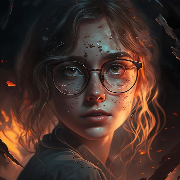 A portrait of a girl with glasses and a burning fire behind her.