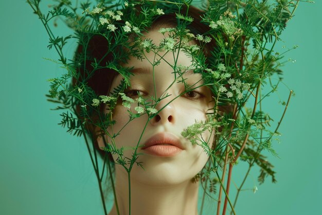 Photo portrait of a girl with green makeup and leaves studio portrait concept aig49