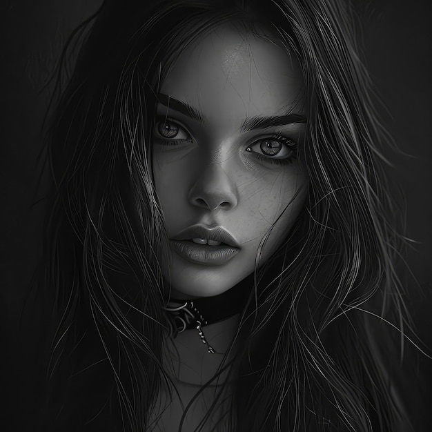 A portrait of a girl with long hair in the style of hyperrealistic illustrations gloomy anime art monochrome portraits referential painting caricaturelike asymmetry