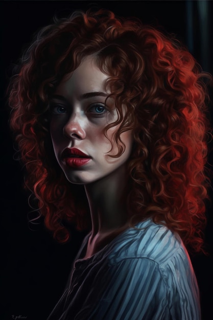 A portrait of a girl with red hair and blue eyes.