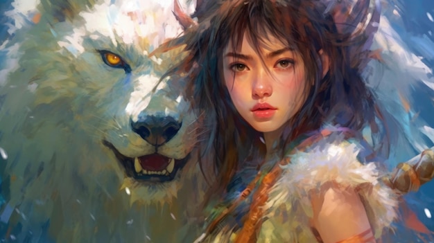 Portrait of a Girl with Wolf HD 8K wallpaper background Stock Photographic Image