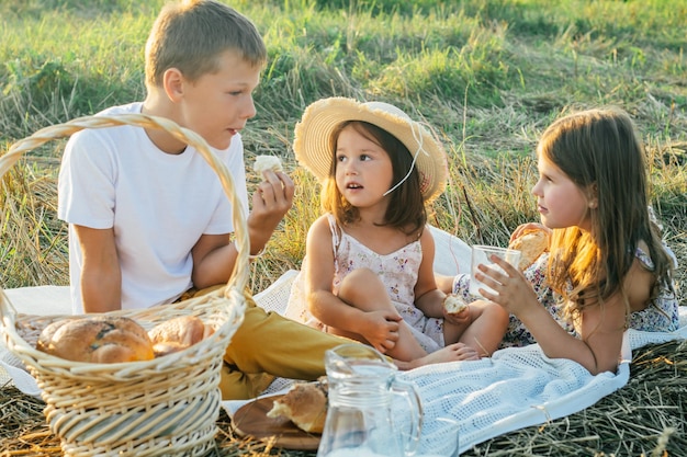 Portrait of glad three kids sitting on blanket in field playing ukulele having picnic with milk and tasty bread