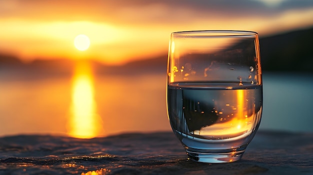 Portrait of glass half empty with sunset background