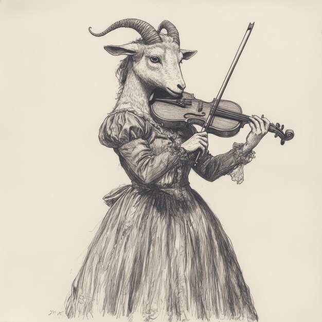 A portrait of a goat playing the violin Drawing by hand