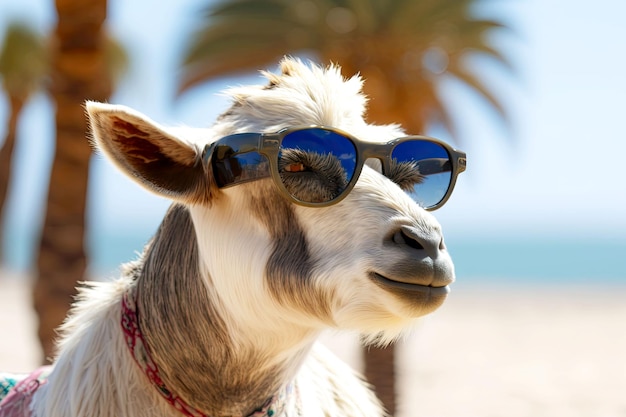 Portrait of goat in sunglasses on a blurred background of palm trees and the beach generative ai