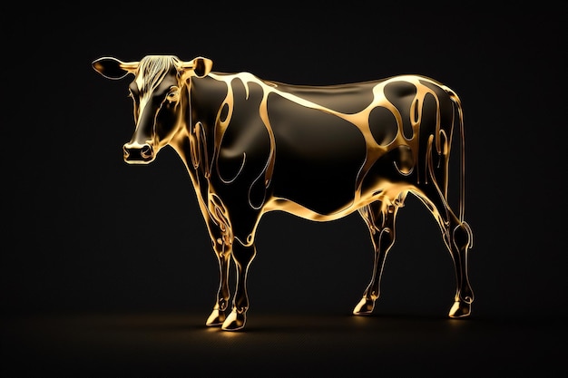 Portrait of a goldcovered cow on a black background generative ai