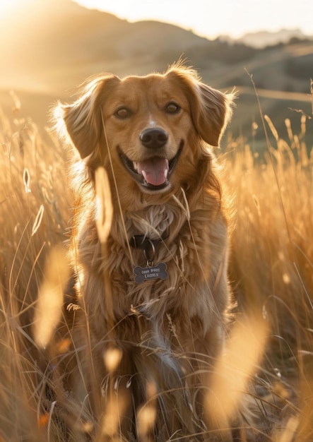 Portrait golden retriever in the tall grass in the sunlight