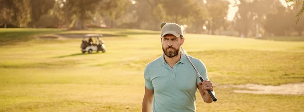 Portrait of golfer in cap with golf club people lifestyle serious man after game