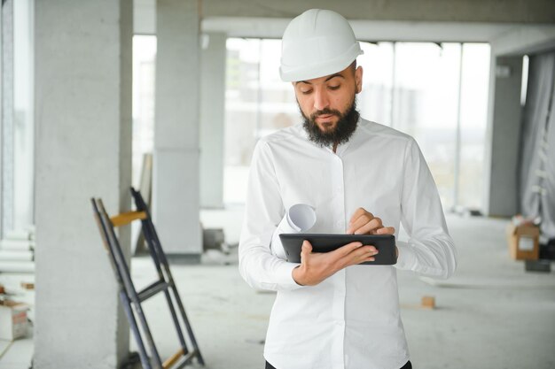 Photo portrait of goodlooking middle eastern guy wearing safety helmet and holding construction plan employees and business concept