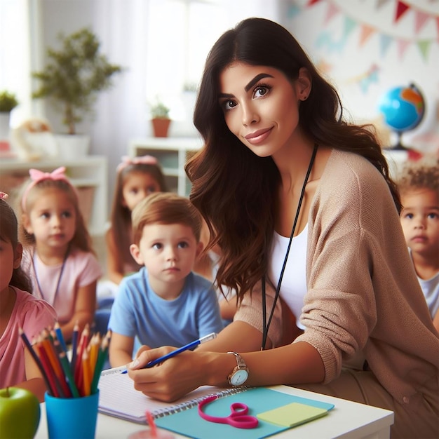 portrait of a gorgeous Hispanic preschool teacher teaching her students in a