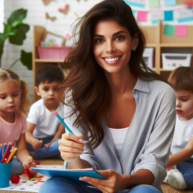 portrait of a gorgeous Hispanic preschool teacher teaching her students in a