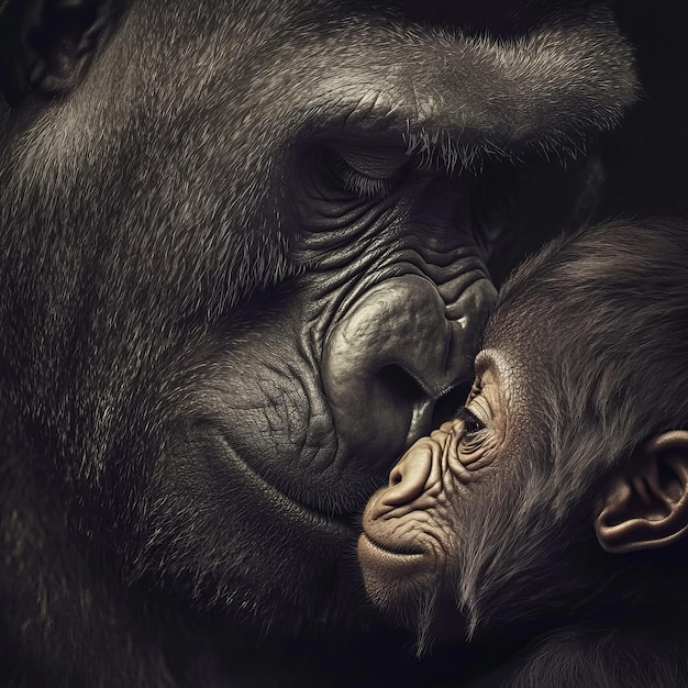 Portrait of a gorilla with a baby on a dark background