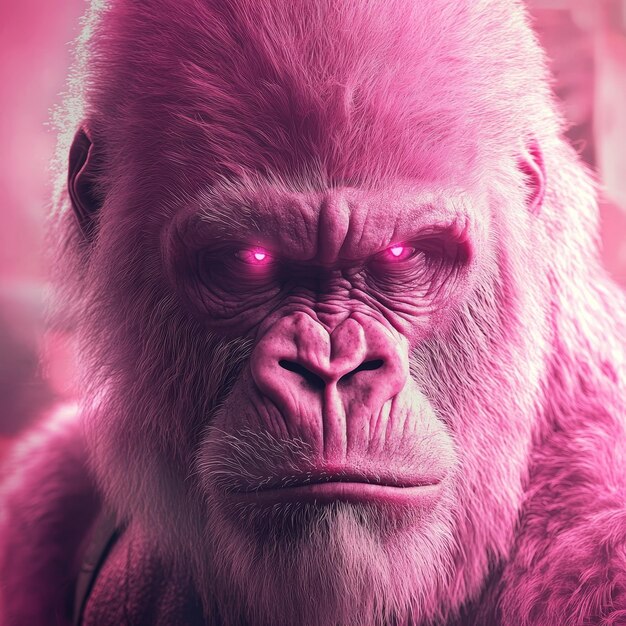 Portrait of a Gorilla with pink eyes on a pink background