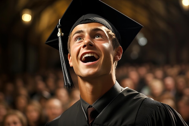 The portrait of graduate that gives his speech on stage during the graduation ceremony