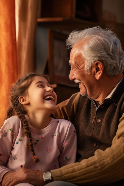 Portrait of a grandfather and his child granddaughter laughing happily at home Vertical photo Concept of family and wellbeing