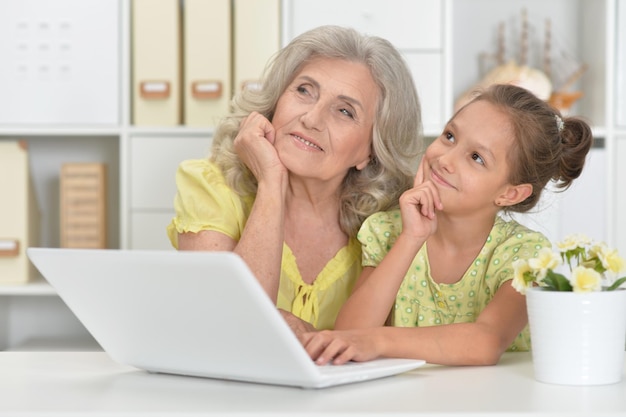 Portrait of grandmother and granddaughter using laptop