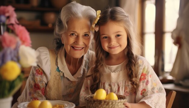 A portrait of a grandmother and her granddaughter smiling with a basket of yellow Easter eggs