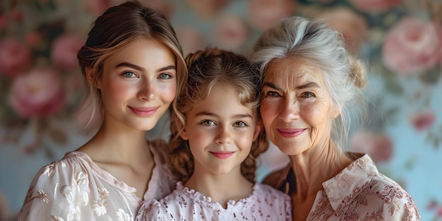 Photo portrait of a grandmother and two granddaughters happy family hugging with love tenderness at home bonding smiling mothers or international womens day concept