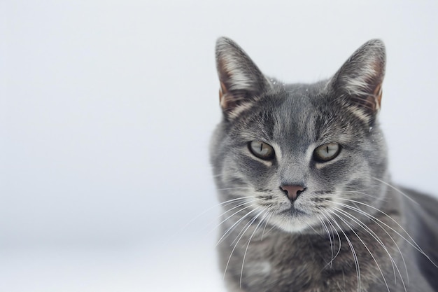 Portrait of a gray cat on a white background with copy space