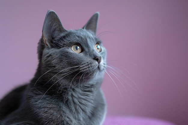 Portrait of a gray cat with blue eyes on a pink background