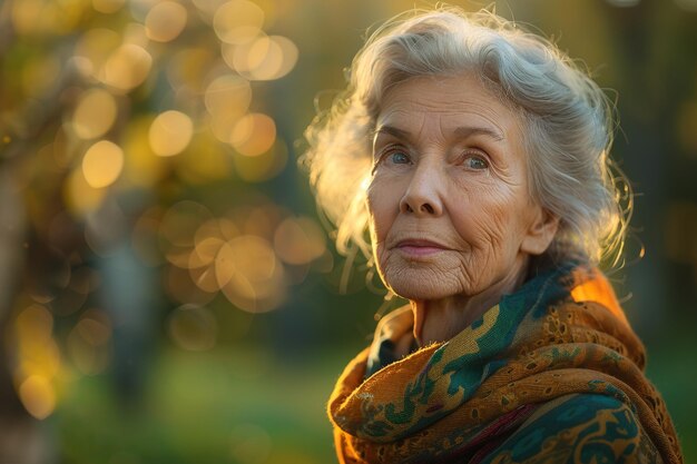 Portrait of a gray haired elderly woman in a park against a background of blurry trees