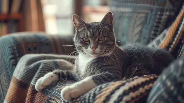 Portrait of a gray and white cat lounging on a cozy sofa warm living room with soft ambient lighting