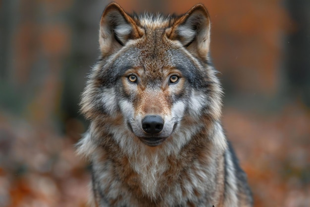 Portrait of a gray wolf in the autumn forest Animal portrait