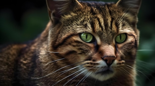 A portrait of grey stripe domestic pet house cat with green eyes and on guard face staring at something blur background