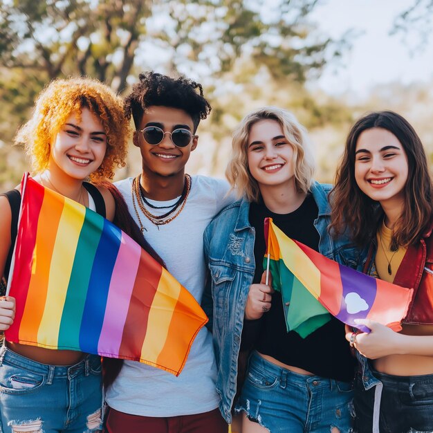 Photo portrait of a group of allies standing together each holding a different pride flag