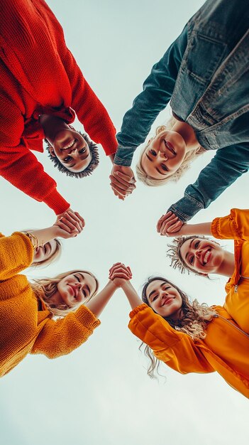 Photo portrait of a group of children with arms around each other one holding a circle